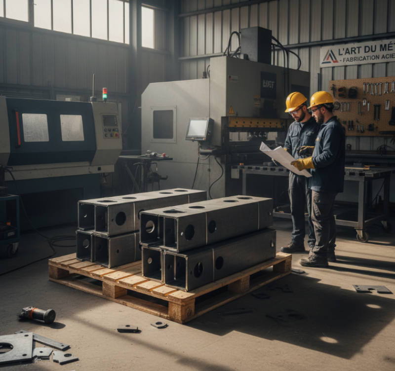 Fabrication de platines de charpente en acier découpé et plié pour un artisan serrurier à Grans (13)